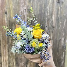 Blue, Yellow, and White wrapped bouquet