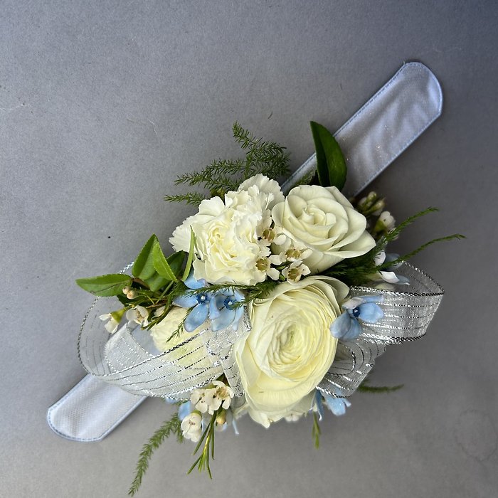 White and Blue Wrist Corsage